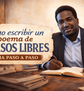 Stevenson Jacques escribiendo en una mesa en una portada horizontal sobre cómo escribir un poema de versos libres.