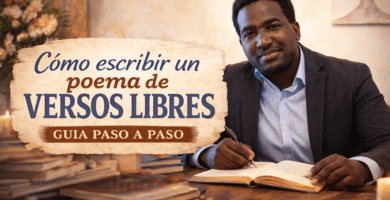 Stevenson Jacques escribiendo en una mesa en una portada horizontal sobre cómo escribir un poema de versos libres.