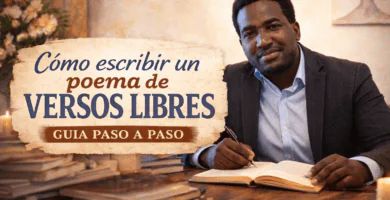 Stevenson Jacques escribiendo en una mesa en una portada horizontal sobre cómo escribir un poema de versos libres.