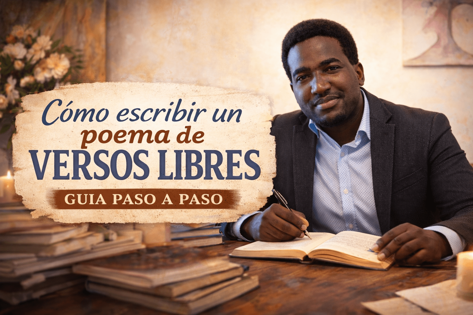Stevenson Jacques escribiendo en una mesa en una portada horizontal sobre cómo escribir un poema de versos libres.