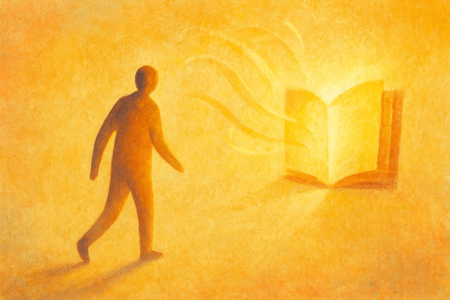 Ilustración abstracta horizontal con una figura o manos sugeridas cerca de un libro y una luz suave, simbolizando hábito y calma.