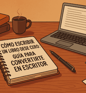 Persona escribiendo un libro en un portátil, con una pila de manuscritos y libros sobre el escritorio.