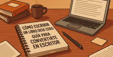 Persona escribiendo un libro en un portátil, con una pila de manuscritos y libros sobre el escritorio.
