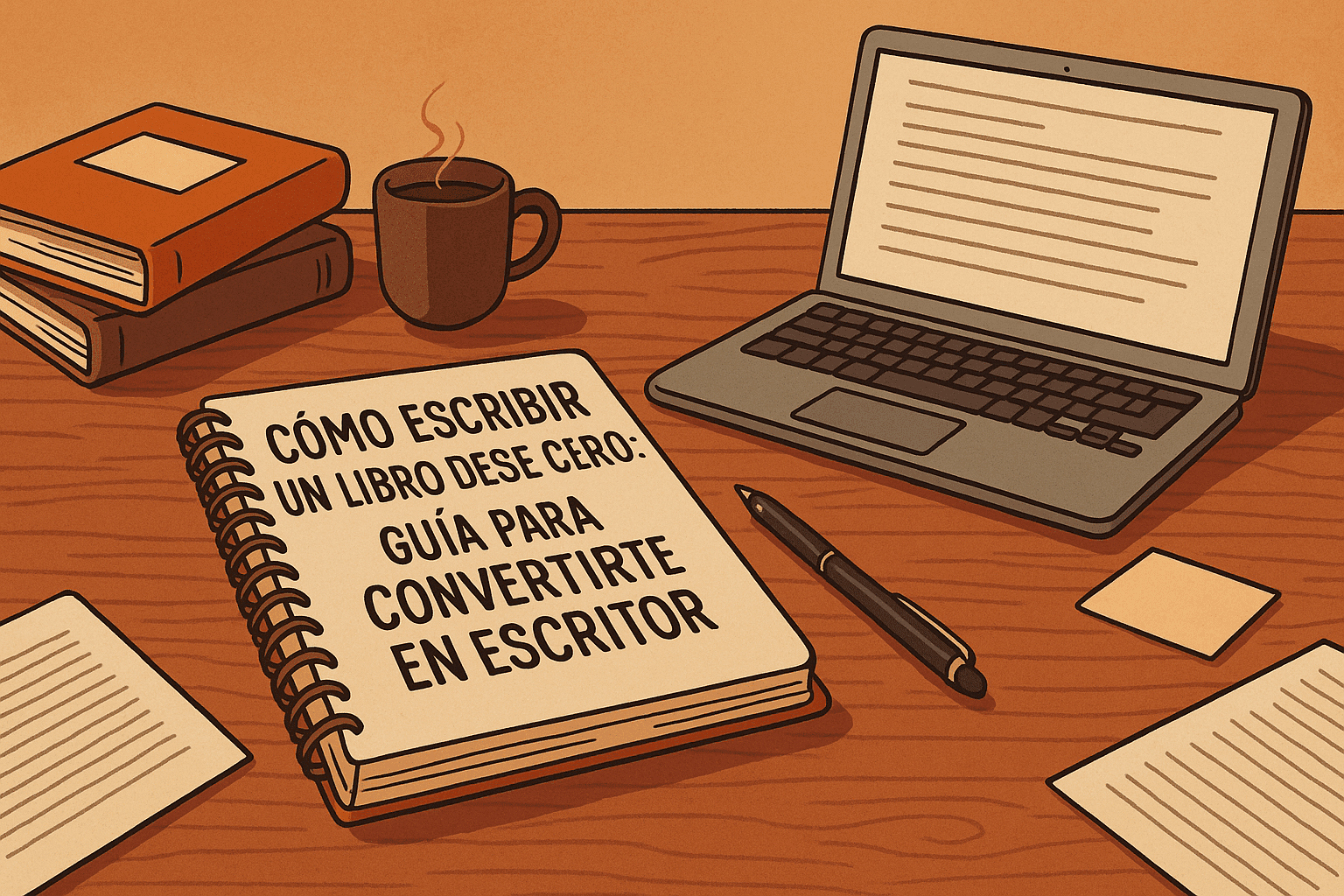 Persona escribiendo un libro en un portátil, con una pila de manuscritos y libros sobre el escritorio.