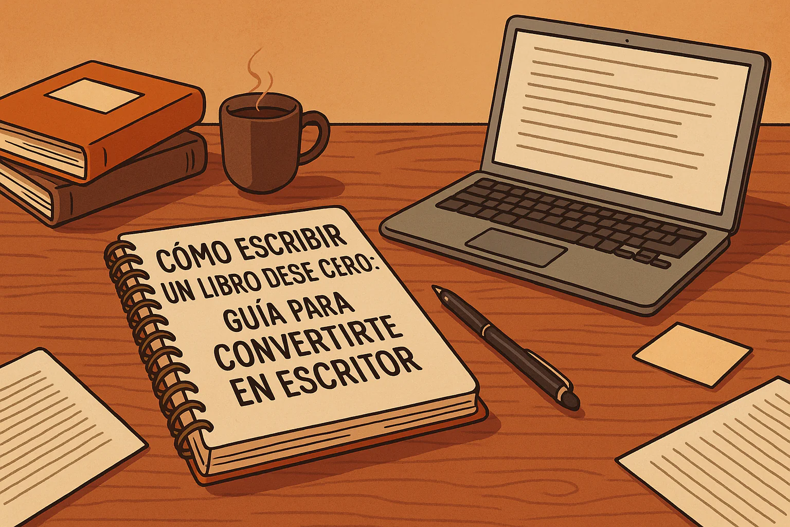 Persona escribiendo un libro en un portátil, con una pila de manuscritos y libros sobre el escritorio.