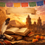 Portada sobre literatura mexicana con libros antiguos, pluma y tinta, papel picado, Teotihuacán y Ciudad de México al atardecer.