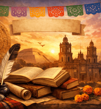 Portada sobre literatura mexicana con libros antiguos, pluma y tinta, papel picado, Teotihuacán y Ciudad de México al atardecer.