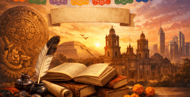 Portada sobre literatura mexicana con libros antiguos, pluma y tinta, papel picado, Teotihuacán y Ciudad de México al atardecer.