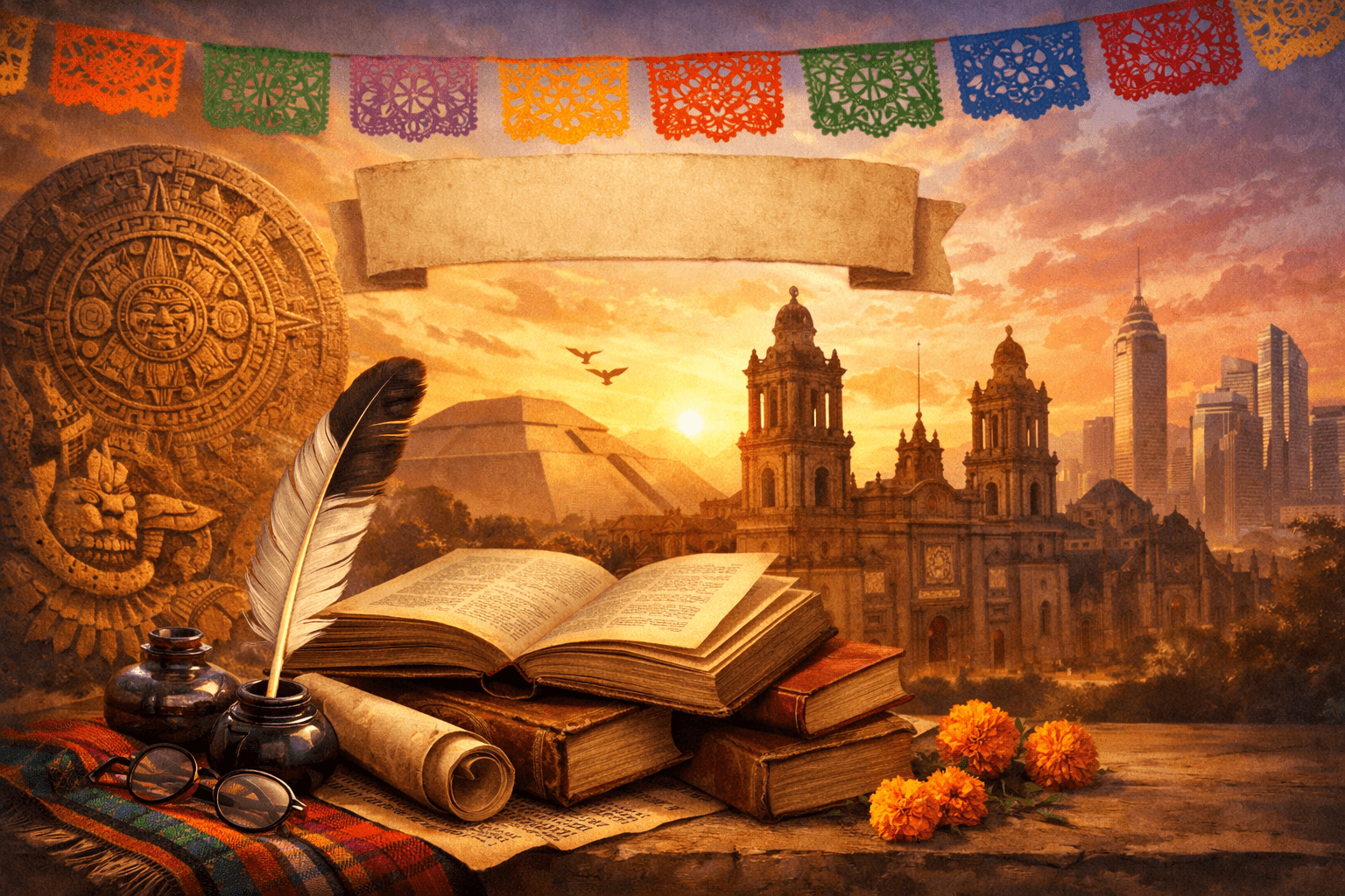 Portada sobre literatura mexicana con libros antiguos, pluma y tinta, papel picado, Teotihuacán y Ciudad de México al atardecer.