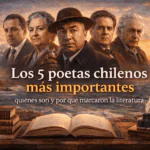 Ilustración de los 5 poetas chilenos más importantes sobre un paisaje de Chile con libros, tinta y pluma