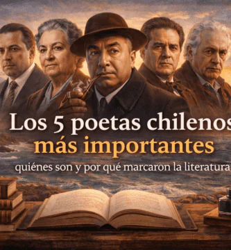 Ilustración de los 5 poetas chilenos más importantes sobre un paisaje de Chile con libros, tinta y pluma