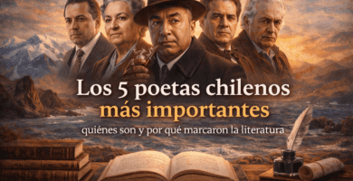 Ilustración de los 5 poetas chilenos más importantes sobre un paisaje de Chile con libros, tinta y pluma