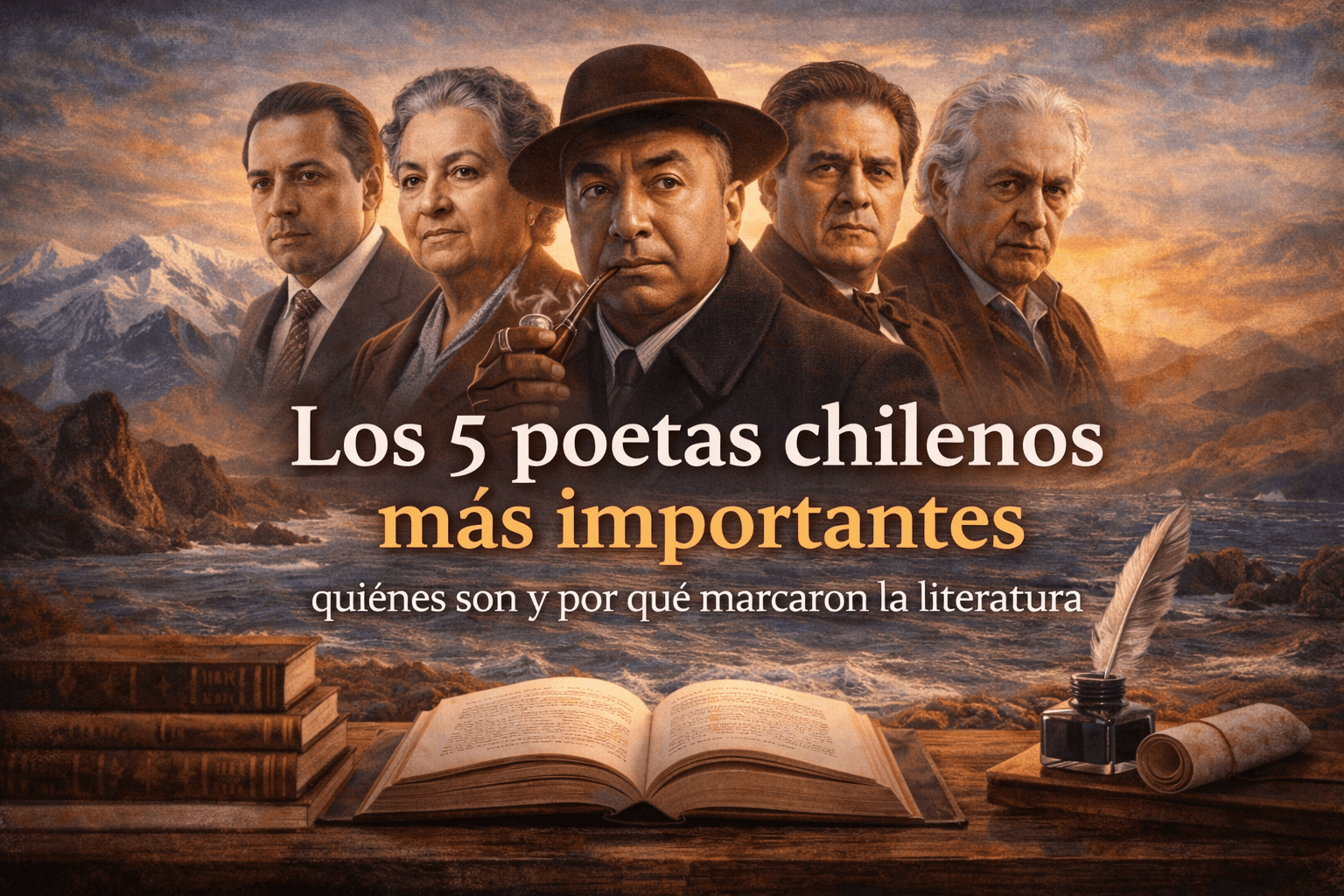 Ilustración de los 5 poetas chilenos más importantes sobre un paisaje de Chile con libros, tinta y pluma