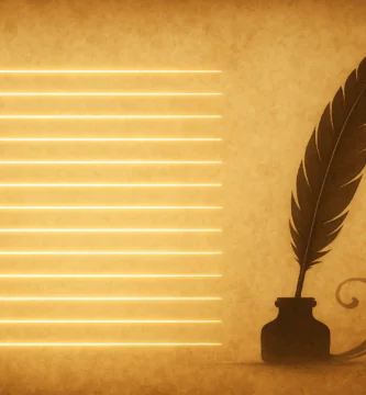 Ilustración horizontal estilo pergamino con una pluma y tintero, y catorce líneas luminosas que sugieren la estructura del soneto.