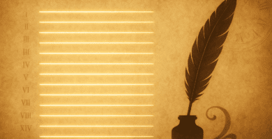 Ilustración horizontal estilo pergamino con una pluma y tintero, y catorce líneas luminosas que sugieren la estructura del soneto.