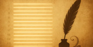 Ilustración horizontal estilo pergamino con una pluma y tintero, y catorce líneas luminosas que sugieren la estructura del soneto.