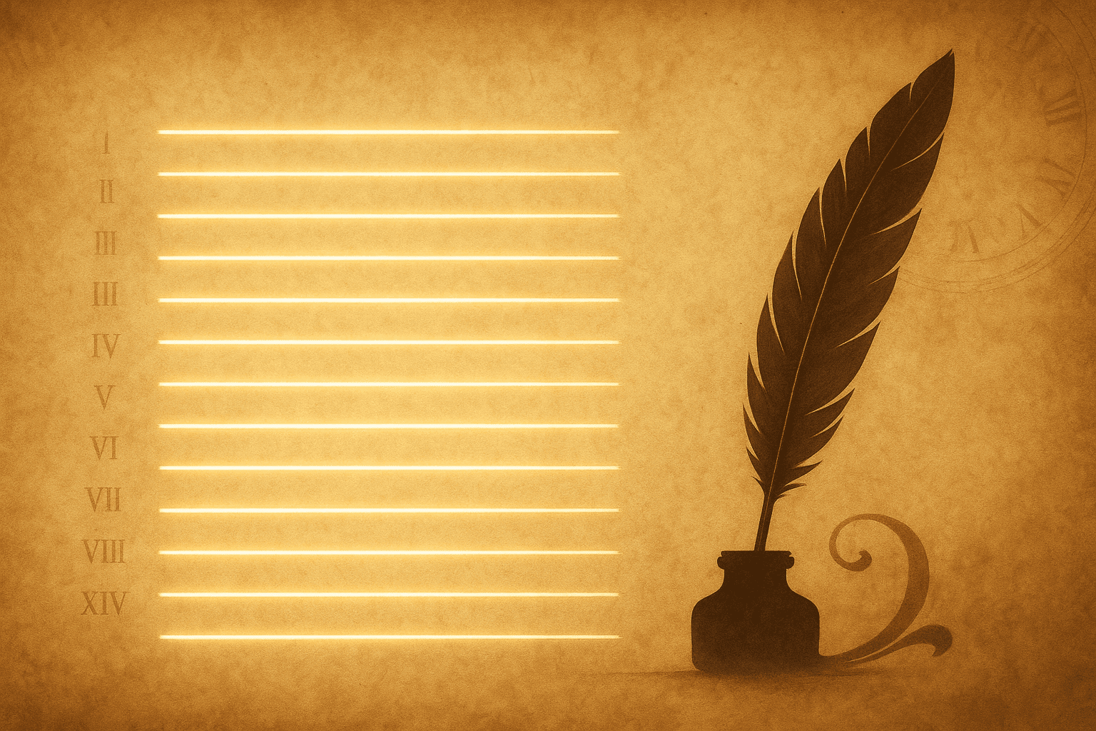 Ilustración horizontal estilo pergamino con una pluma y tintero, y catorce líneas luminosas que sugieren la estructura del soneto.