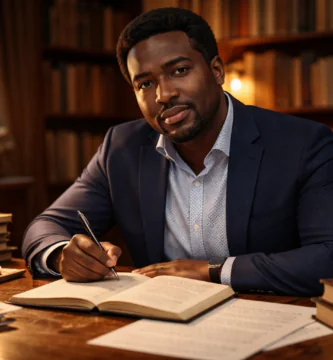 Stevenson Jacques escribiendo en un escritorio rodeado de libros en una biblioteca cálida y elegante