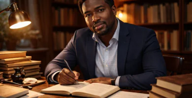 Stevenson Jacques escribiendo en un escritorio rodeado de libros en una biblioteca cálida y elegante