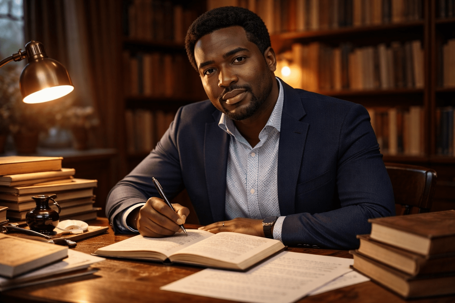 Stevenson Jacques escribiendo en un escritorio rodeado de libros en una biblioteca cálida y elegante