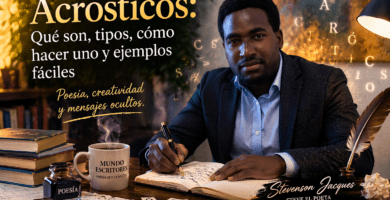 Portada del artículo sobre acrósticos con Stevenson Jacques escribiendo en un escritorio literario.