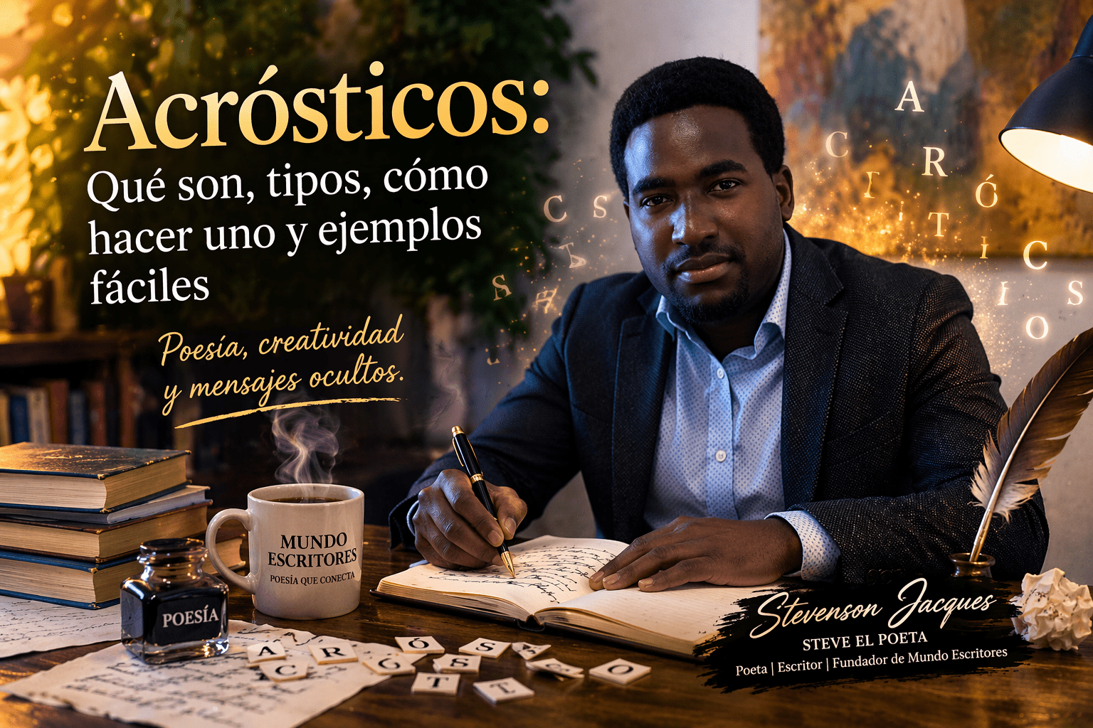 Portada del artículo sobre acrósticos con Stevenson Jacques escribiendo en un escritorio literario.