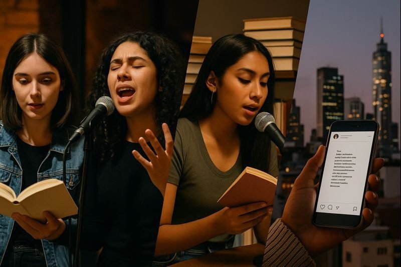 Collage de jóvenes leyendo poesía al micrófono y un teléfono mostrando un poema en redes sociales, con fondo urbano al atardecer.