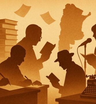 Ilustración en sepia estilo collage con siluetas de poetas leyendo y escribiendo frente a un mapa de Argentina, rodeados de libros, hojas y una máquina de escribir.