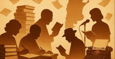 Ilustración en sepia estilo collage con siluetas de poetas leyendo y escribiendo frente a un mapa de Argentina, rodeados de libros, hojas y una máquina de escribir.