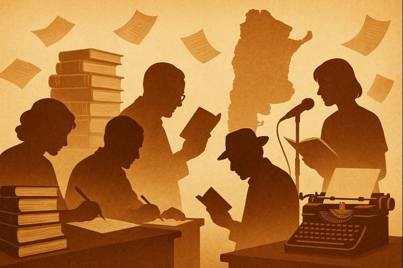 Ilustración en sepia estilo collage con siluetas de poetas leyendo y escribiendo frente a un mapa de Argentina, rodeados de libros, hojas y una máquina de escribir.