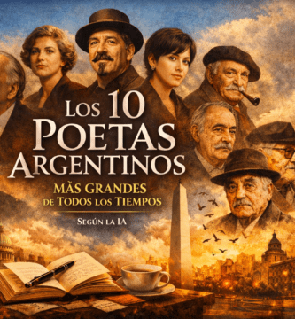 Portada horizontal con poetas argentinos, skyline de Buenos Aires, máquina de escribir y el título “Los 10 poetas argentinos”.