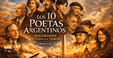 Portada horizontal con poetas argentinos, skyline de Buenos Aires, máquina de escribir y el título “Los 10 poetas argentinos”.