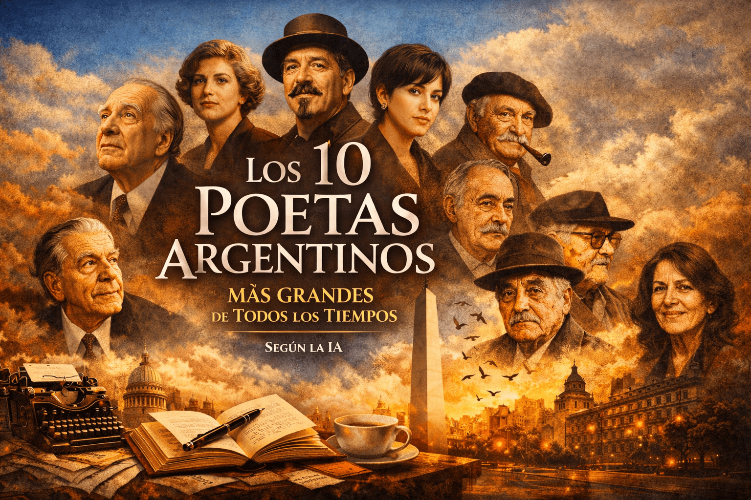 Portada horizontal con poetas argentinos, skyline de Buenos Aires, máquina de escribir y el título “Los 10 poetas argentinos”.