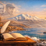 Portada de poetas chilenos con Gabriela Mistral y Pablo Neruda, libro abierto, pluma, Andes y costa al atardecer.