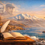 Portada de poetas chilenos con Gabriela Mistral y Pablo Neruda, libro abierto, pluma, Andes y costa al atardecer.