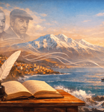 Portada de poetas chilenos con Gabriela Mistral y Pablo Neruda, libro abierto, pluma, Andes y costa al atardecer.