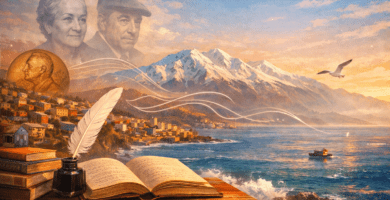 Portada de poetas chilenos con Gabriela Mistral y Pablo Neruda, libro abierto, pluma, Andes y costa al atardecer.