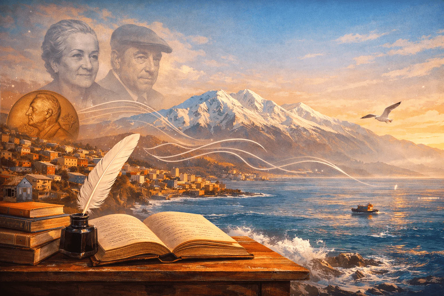 Portada de poetas chilenos con Gabriela Mistral y Pablo Neruda, libro abierto, pluma, Andes y costa al atardecer.