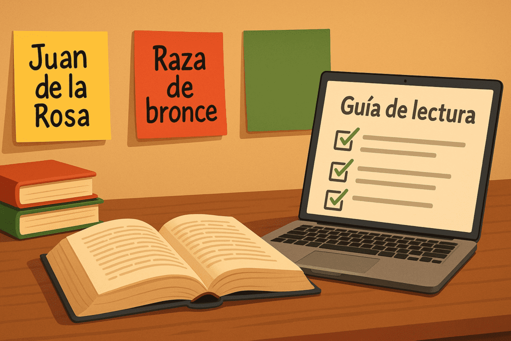 Escritorio con libros abiertos, portátil y notas de colores que organizan una guía de lectura de autores bolivianos y sus obras.
