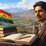 Retrato de un escritor boliviano con libros abiertos, bandera de Bolivia y montañas andinas al fondo, simbolizando la literatura boliviana.