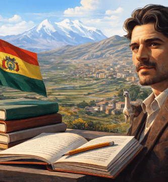 Retrato de un escritor boliviano con libros abiertos, bandera de Bolivia y montañas andinas al fondo, simbolizando la literatura boliviana.