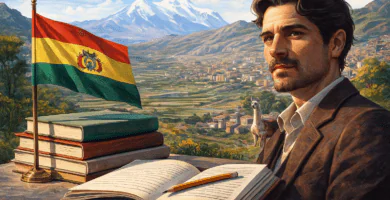 Retrato de un escritor boliviano con libros abiertos, bandera de Bolivia y montañas andinas al fondo, simbolizando la literatura boliviana.