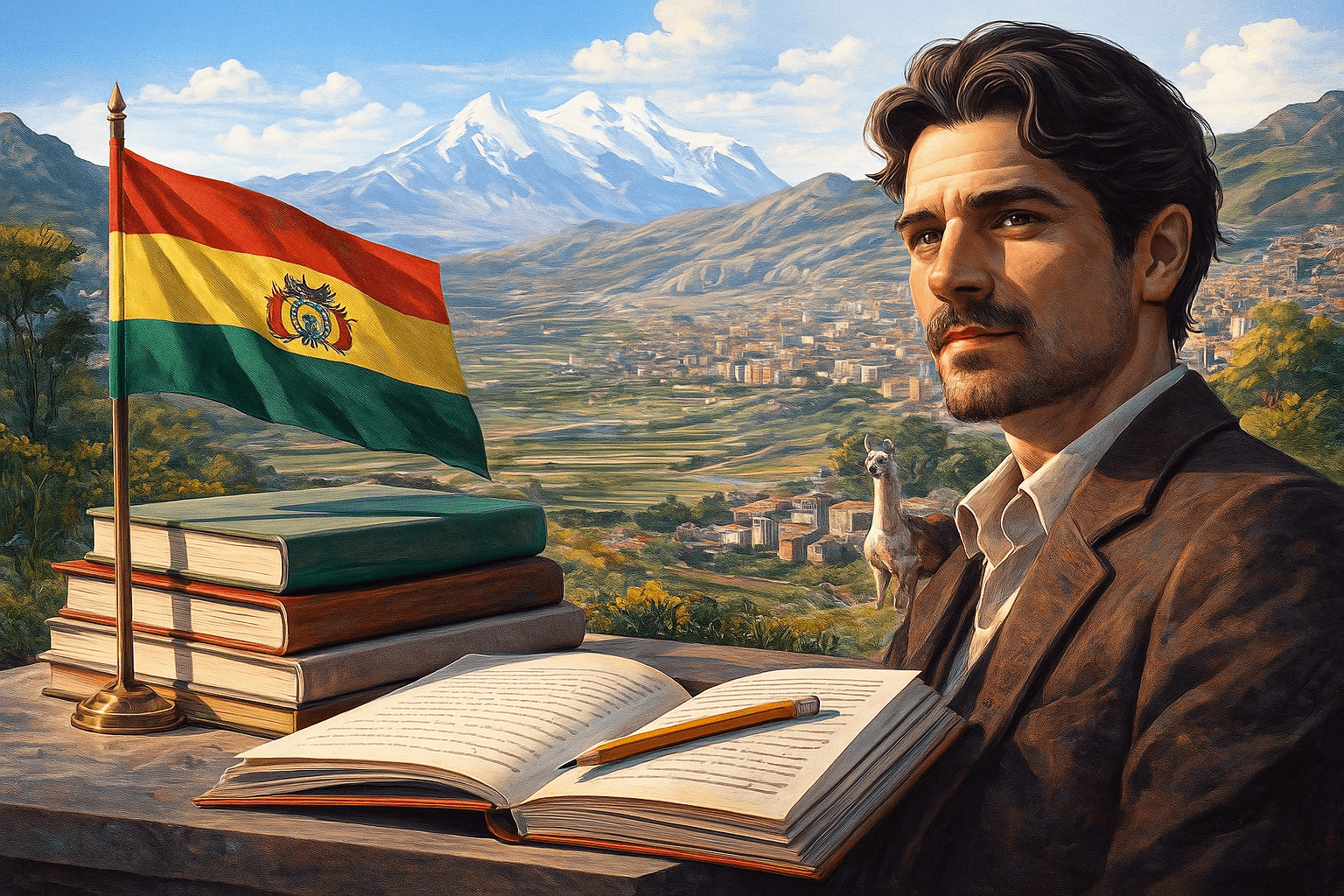 Retrato de un escritor boliviano con libros abiertos, bandera de Bolivia y montañas andinas al fondo, simbolizando la literatura boliviana.