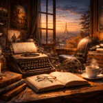 Portada horizontal realista de un escritorio de escritor con máquina de escribir, libros, café y elementos de cine al atardecer