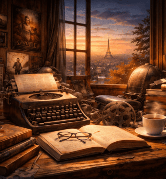 Portada horizontal realista de un escritorio de escritor con máquina de escribir, libros, café y elementos de cine al atardecer