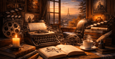 Portada horizontal realista de un escritorio de escritor con máquina de escribir, libros, café y elementos de cine al atardecer