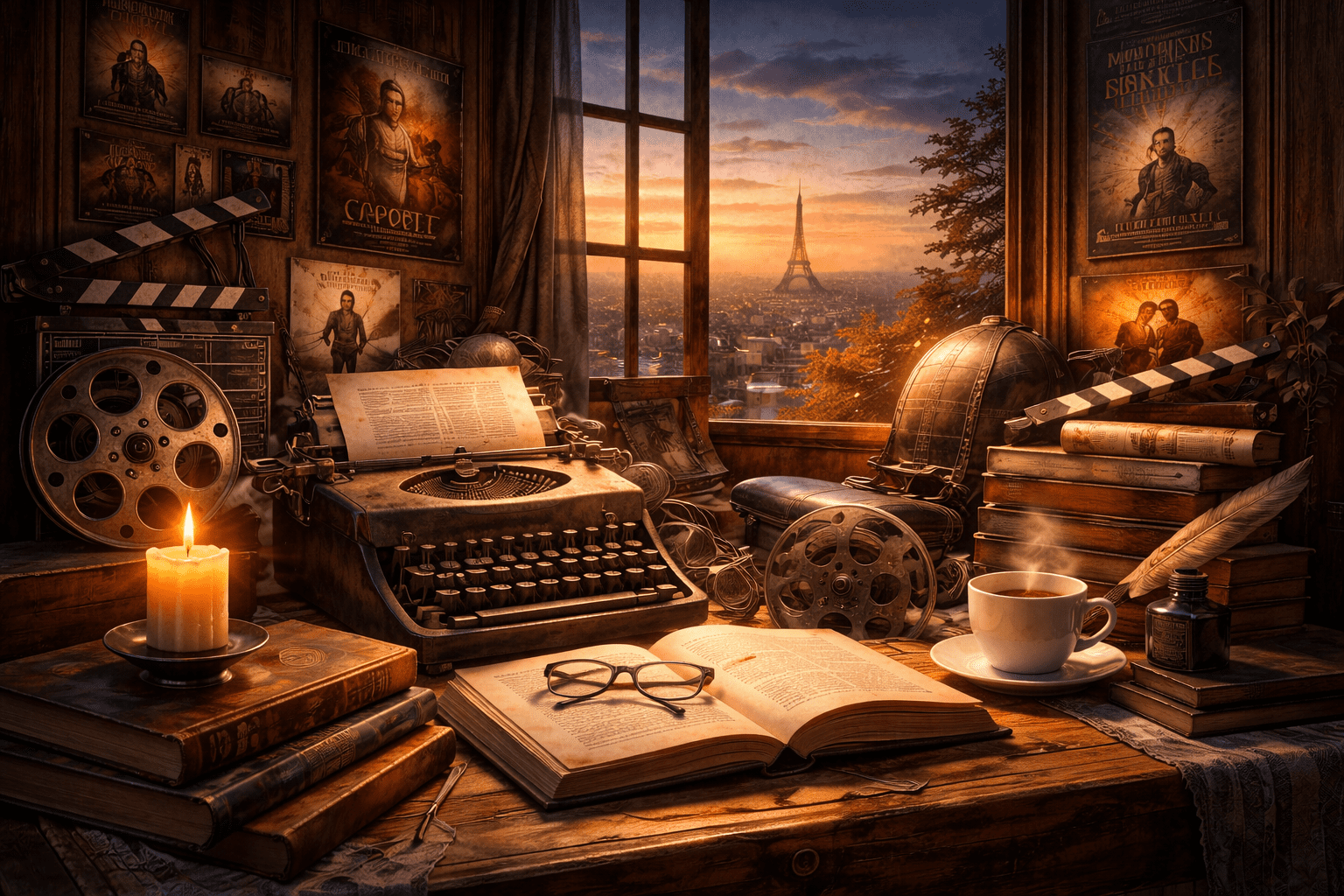 Portada horizontal realista de un escritorio de escritor con máquina de escribir, libros, café y elementos de cine al atardecer