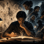 Escritor creando personajes de novela en un escritorio, rodeado de bocetos, notas y figuras imaginarias que emergen de su proceso creativo en una escena cinematográfica horizontal