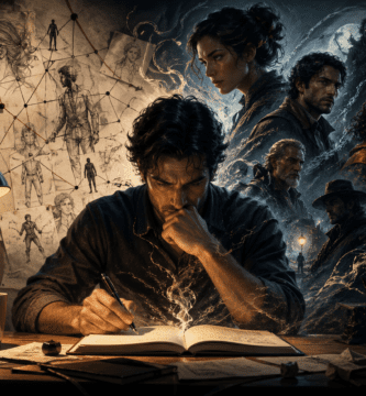 Escritor creando personajes de novela en un escritorio, rodeado de bocetos, notas y figuras imaginarias que emergen de su proceso creativo en una escena cinematográfica horizontal
