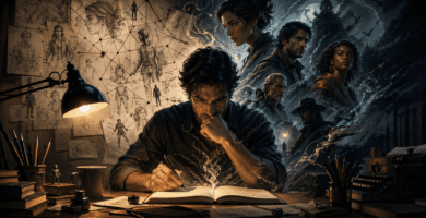 Escritor creando personajes de novela en un escritorio, rodeado de bocetos, notas y figuras imaginarias que emergen de su proceso creativo en una escena cinematográfica horizontal